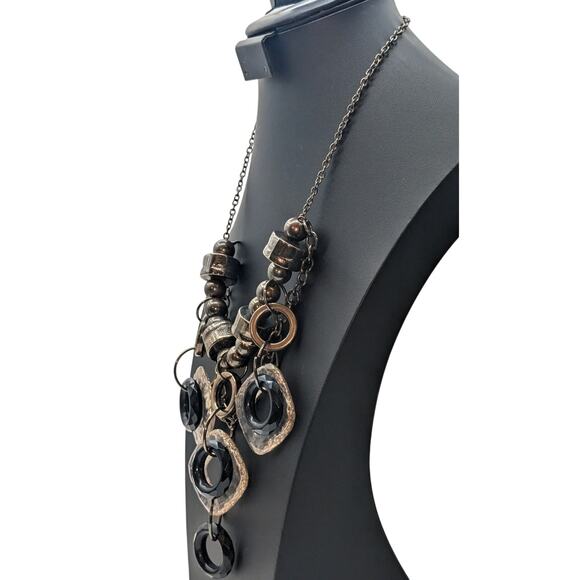Chunky Geometrical Gun Metal Crackled Clear & Black Loopy Bead Chain Necklace - Picture 2 of 9